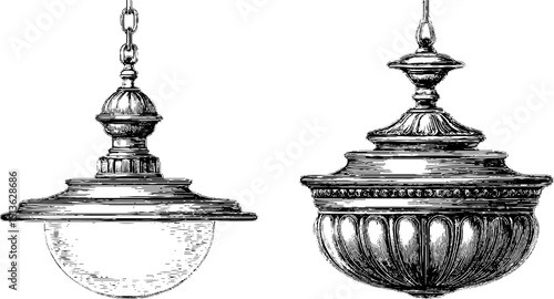 Engraved illustration set of vintage hanging lamps for historical design
