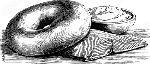 Vintage style engraved bagel with cream cheese and smoked salmon illustration for culinary design
