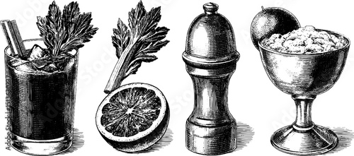 Engraved illustration set featuring bloody mary glass and cocktail ingredients for classic beverage design