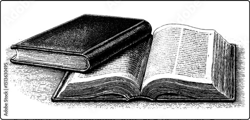 Vintage engraved illustration of an open book and closed book for classic literature design