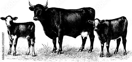 Engraved illustration set of bull, cow, and calf for agricultural design and education