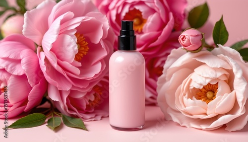 Fototapeta Naklejka Na Ścianę i Meble -  the bottle should have no label, no text, no logo, and no images or decorative elements on it pink cosmetic bottle on soft pink peonies background, ultra feminine feel