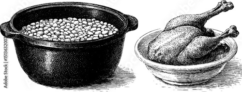 Vintage culinary art: engraved illustration of cassoulet pot and duck for gourmet design