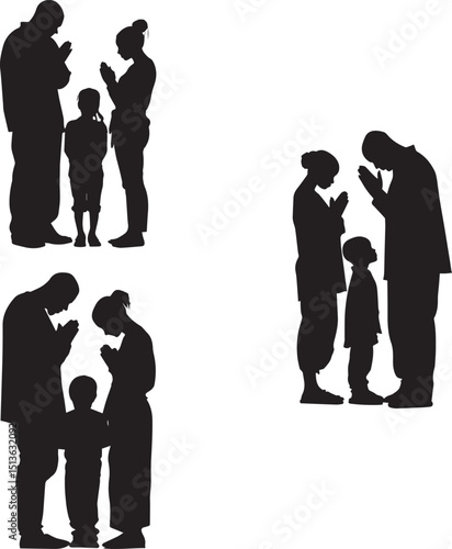 Silhouettes of Family Praying Together - Worship and Devotion Scene
