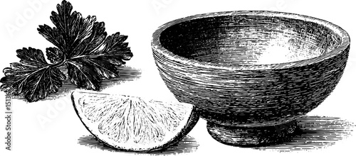Engraved illustration of ceviche bowl with lime and parsley for culinary art and design