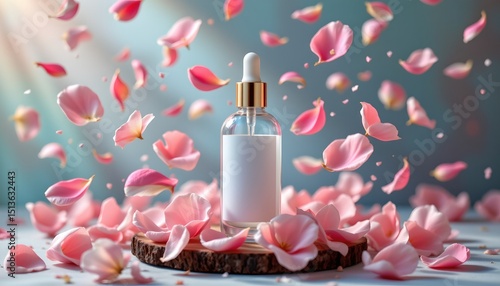 the bottle should have no label, no text, no logo, and no images or decorative elements on it skincare product surrounded by fluttering petals in midair, dreamy magical skincare launch
