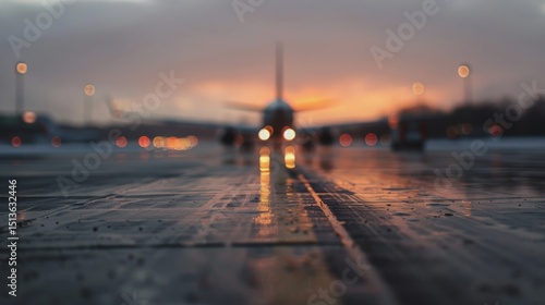 An airplane is positioned on a wet tarmac, reflecting the stunning hues of a sunset sky, evoking feelings of travel, anticipation, and the promise of new adventures.