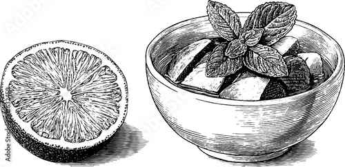Engraved illustration of ceviche bowl with lime for culinary art and design