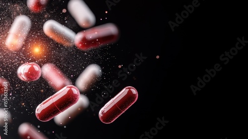 A dynamic composition of vibrant capsules that are suspended mid-air, creating a sense of movement and energy, perfect for health and pharmaceutical themes.
