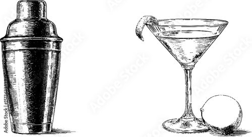 Vintage cocktail shaker and martini glass engraving for bar menu design