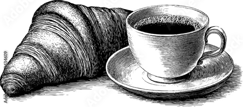 Vintage engraved illustration of croissant and coffee cup for kitchen decor