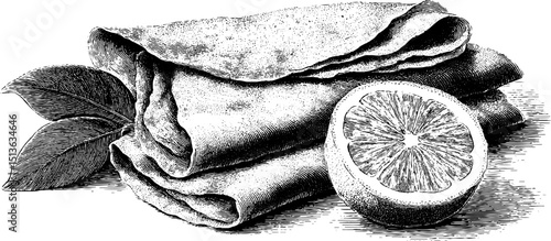Vintage engraved illustration of crepe and citrus slices for culinary design