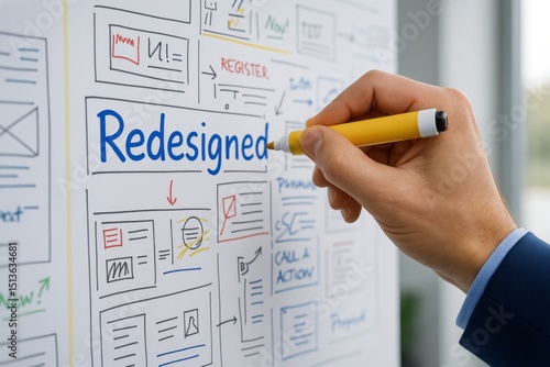 Website Redesign Planning Process Hand Sketching User Interface Design Mockup on Whiteboard Modern Business Strategy Development Creative Workflow Planning Session New Website Project Development UI  