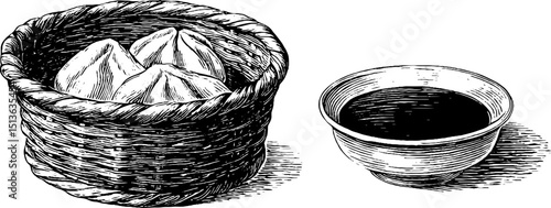 Intricate engraved illustration of dim sum basket with dumplings and dipping sauce