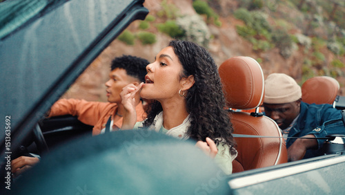 Photos Check, lipstick and road trip with people in car together for holiday, travel or vacation