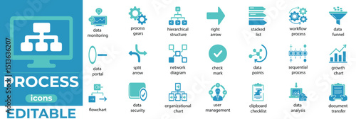Minimal process icons for workflow, planning, data, and strategy use