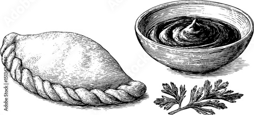 Engraved illustration of empanada and chimichurri sauce with parsley for culinary design