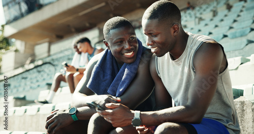 Canvastavla Sports, stadium and athlete friends with phone, smile and checking online schedule at team practice together