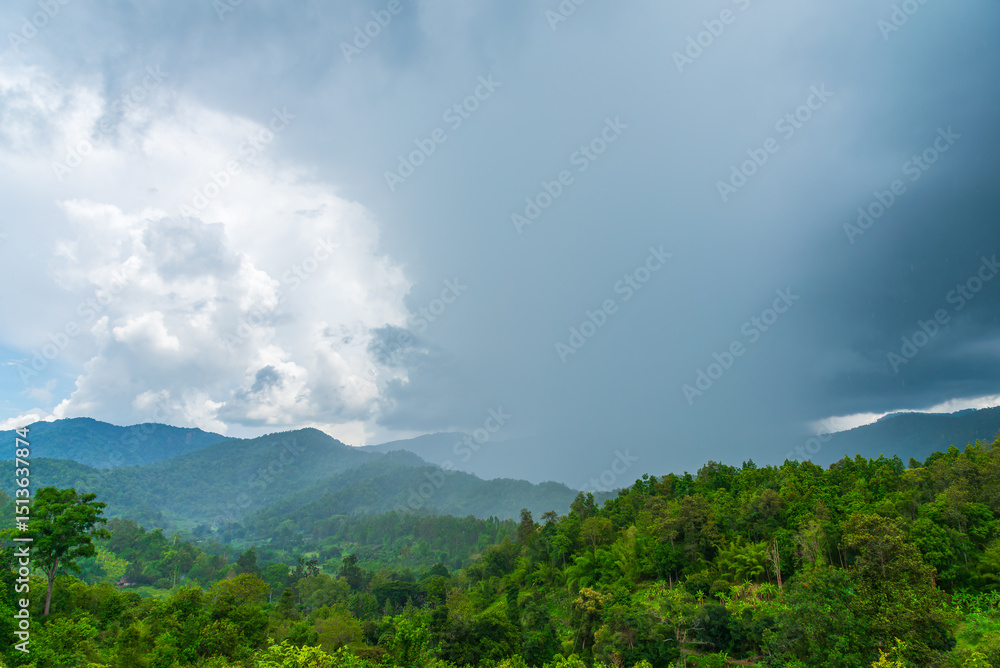 Mountain view and tropical rainforest with local thunderstorm and rain shower in the distanc. Mountain view and tropical rainforest with local thunderstorm and rain shower in the distanc.