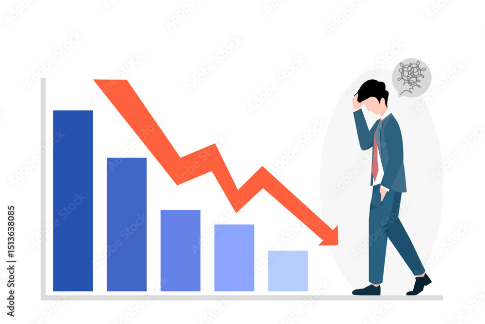 Flat vector illustration of a shocked businessman in blue suit watching a downward-trending graph with a red arrow, symbolizing economic recession or business downturn Flat vector illustration of a shocked businessman in blue suit watching a downward-trending graph with a red arrow, symbolizing economic recession or business downturn
