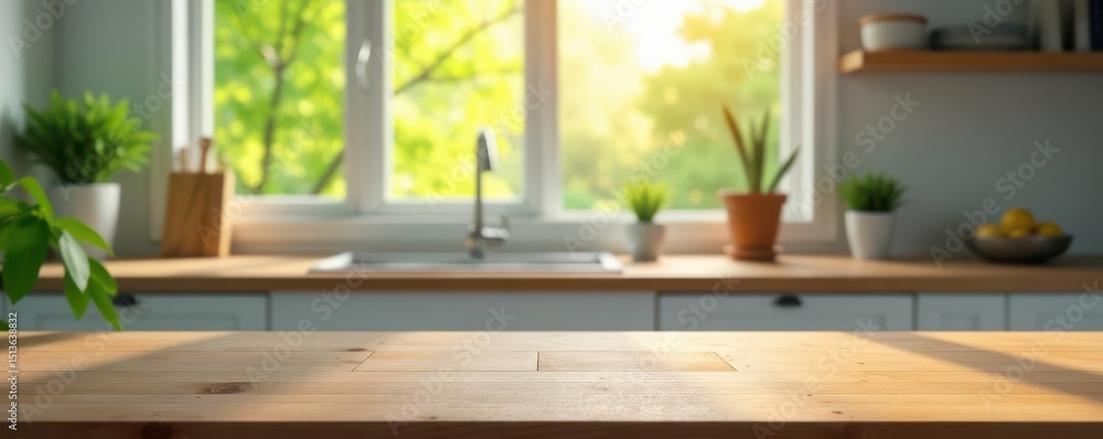 Fototapeta premium Clean, empty wooden desk; blurred kitchen window backdrop, home, empty, kitchen
