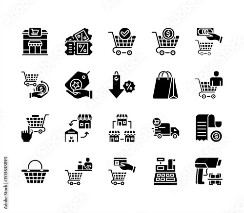 Supermarket icon collection set. Containing trolley, basket, grocery store, grocerant, parking area, self service, consumer icon. Simple flat vector.