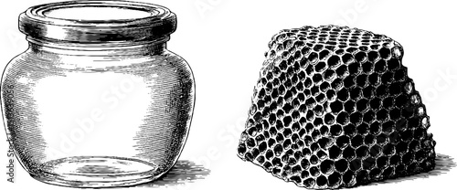 Vintage engraved illustration set of honey jar and honeycomb for design and decoration