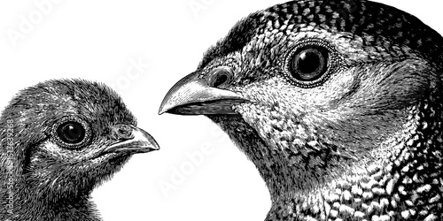 Detailed engraved illustration set featuring adult and juvenile guinea fowls for artistic design
