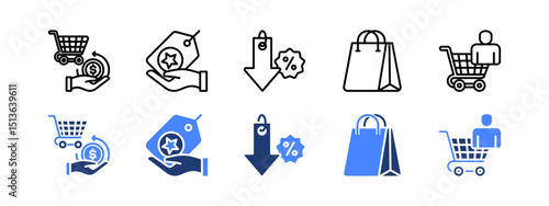 Supermarket icon set with Money Back, Brand, Discount, Shopping Bag, Consumer.