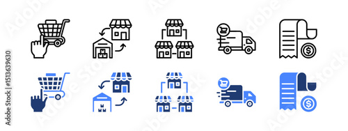 Supermarket icon set with Self Service, Procurement, Store, Delivery, Receipt.