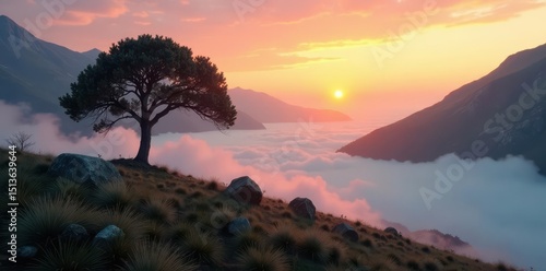Misty dawn, lone tree on South African mountain, fog rolling , mystical, light, sunrise