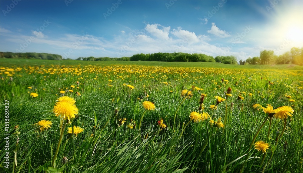 Fototapeta premium a field of green grass with yellow flowers