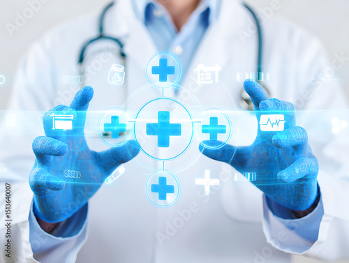 Doctor Using Medical Technology Interface with Blue Icons