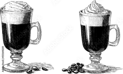 Engraved illustration set of irish coffee glasses with coffee beans and cream topping