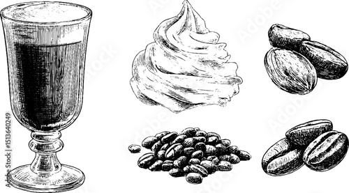 Engraved art set featuring irish coffee glass and ingredients for beverage design