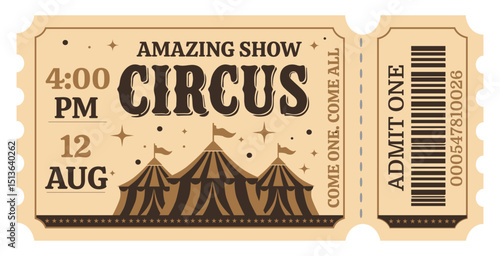 Circus ticket. Vector flat horizontal ticket in vintage style, simple style, brown, gold, beige pastel color palette