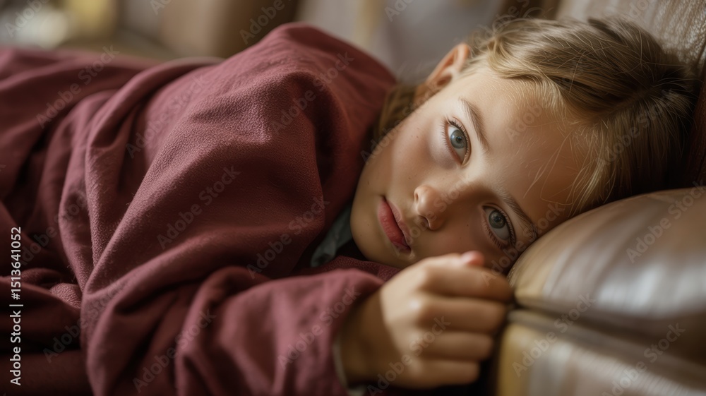 Young caucasian female child resting on couch wrapped in blanket Young caucasian female child resting on couch wrapped in blanket