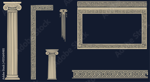 Antique Roman and Greek marble columns stand isolated against the sky, classic architectural monuments reflecting ancient history