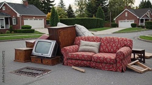 Neighborhood cleanup day: discarded furniture and electronics await collection on the curb
