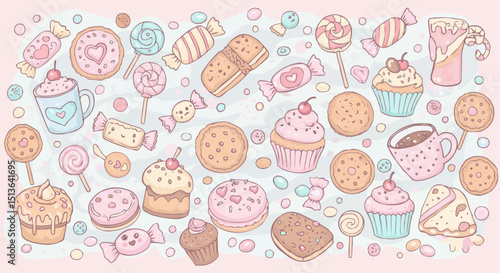 Seamless Easter pattern with cute chocolate dessert illustrations for sweet bakery decoration