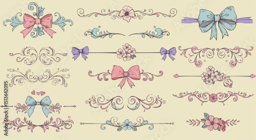 A seamless vector pattern with vintage floral swirls, ornate frames, and decorative ribbons with bows and butterflies