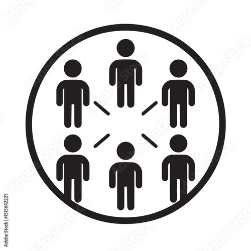 Minimalist Black and White Line Art of Stick Figure People in a Circle – Monochrome Silhouette Illustration