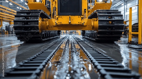 Industrial bulldozer track maintenance facility showcasing heavy equipment repair service in modern warehouse