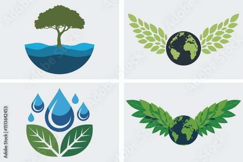 Green ecology and nature icon set with leaf, tree, and recycle symbols for environmental design