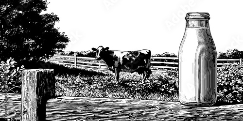 Engraved farm scene with milk bottle and cow in rustic countryside setting