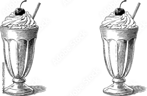 Vintage milkshake glass engravings with whipped cream and cherry