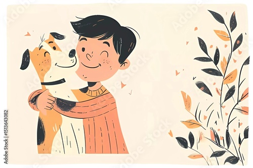 Man with a dog. The owner hugs his pet. Friendship, love for animals. Stylized cartoon illustration