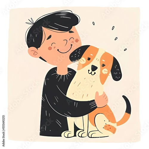 Man with a dog. The owner hugs his pet. Friendship, love for animals. Stylized cartoon illustration