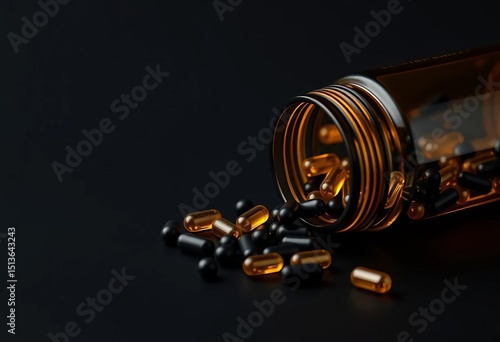 Golden pills spill from a black bottle onto a black background; the bottle interior shows black pills on a gold background, pharmacy, black background