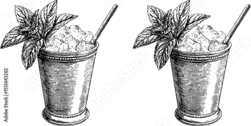Vintage engraved mint julep glasses with ice and mint leaves for refreshing summer drinks